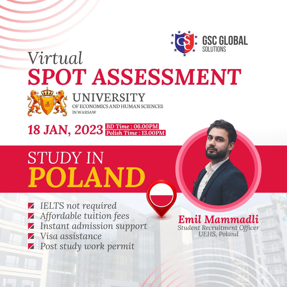 Virtual Spot Assessment | Study in Poland ⏲️ 18 JAN, 2023 | 06.00 PM